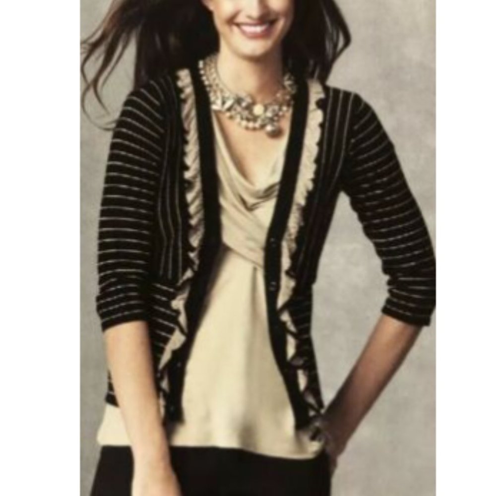 CAbi #276 The Flirt Black Beige Stripe Ruffle Cardigan Sweater